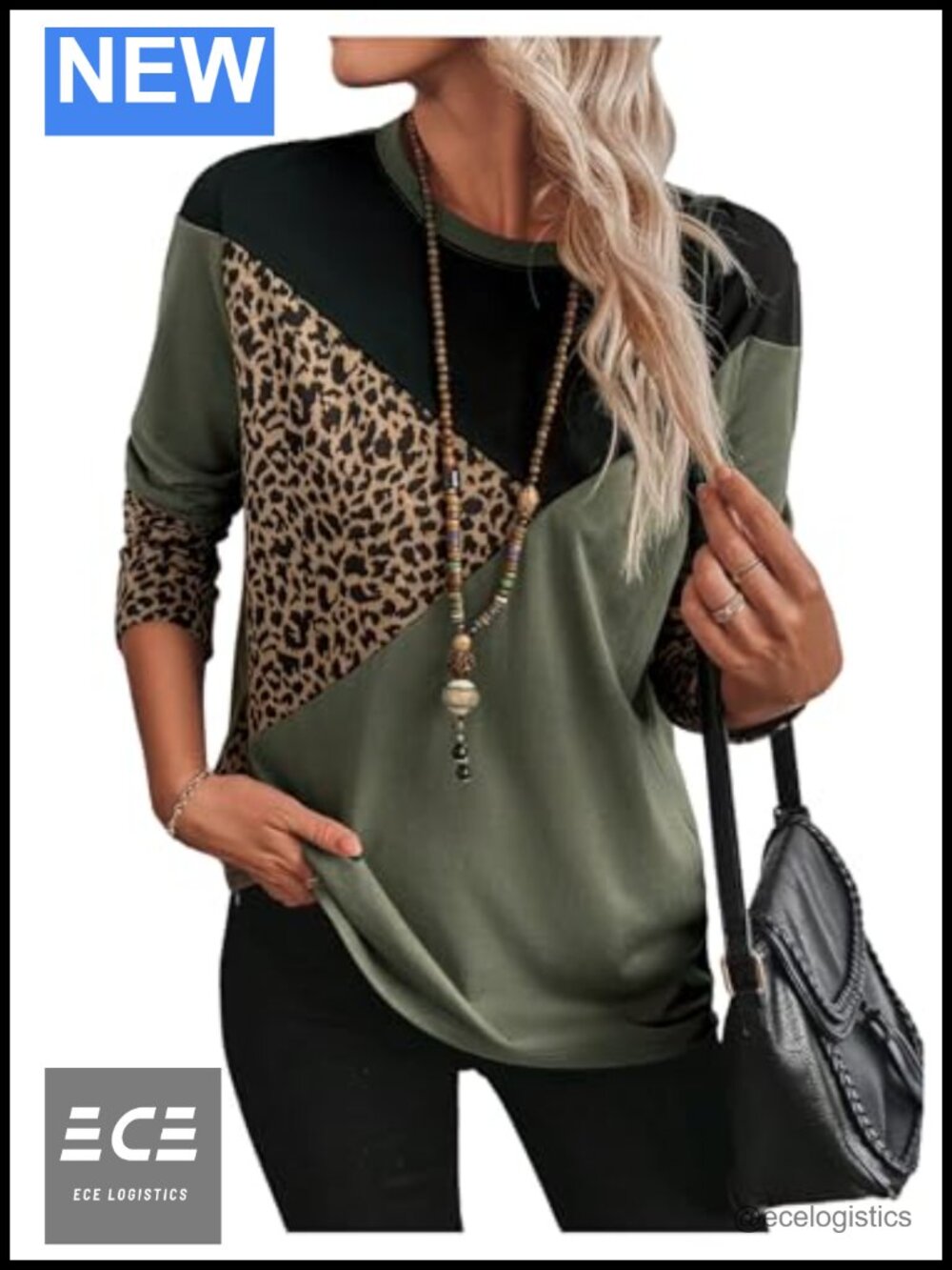 Women's Long Sleeve Colorblock Leopard Print Crew Neck T-Shirt
